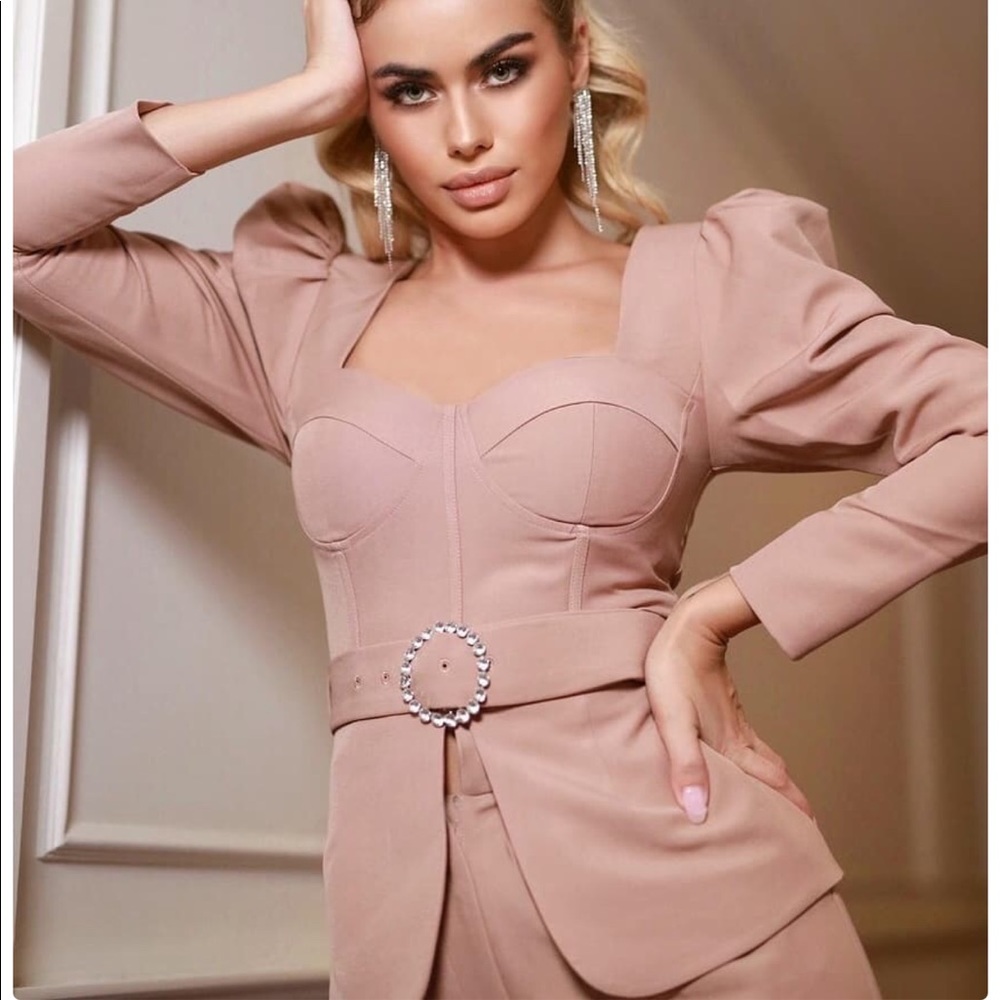 Bustier Puff Sleeve Diamante Belted Jacket in Mink